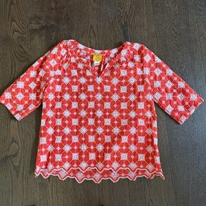 Petite Ruby Rd. Embroidered Red and White Floral Blouse